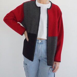 Vintage Talbots Red Gray Colorblock Wool Heritage Minimalist Open Cardigan M